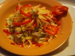 Холодный салат из отварного телячьего языка с горьким перцем , сыром и соусом